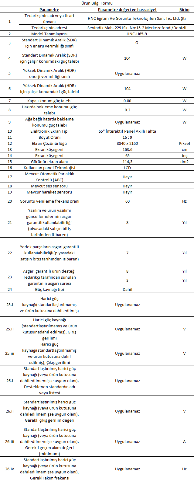 Ürün bilgi formu 65-9