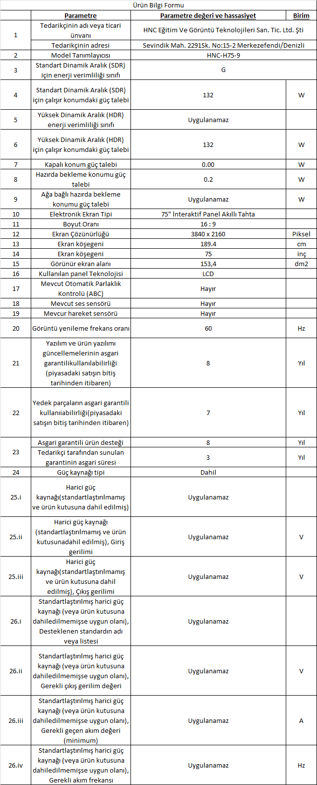 Ürün bilgi formu 75-9